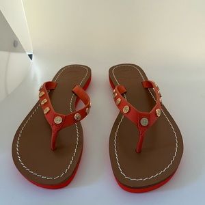 Tory Burch Ricki Poppy Red ( orange) leather Flip Flops New unworn w/box
